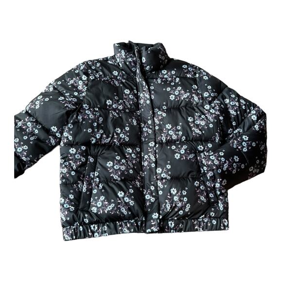 Floral puffer jacket by Skechers black, blue & pink stand collar size large - Picture 2 of 12